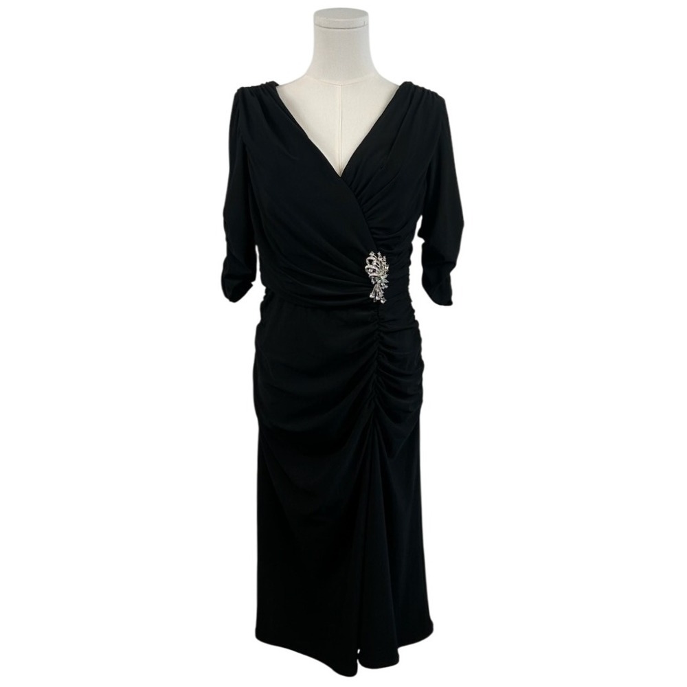 Alex Evenings Midi Dress Women's Size 10 Black Ruched Rhinestone